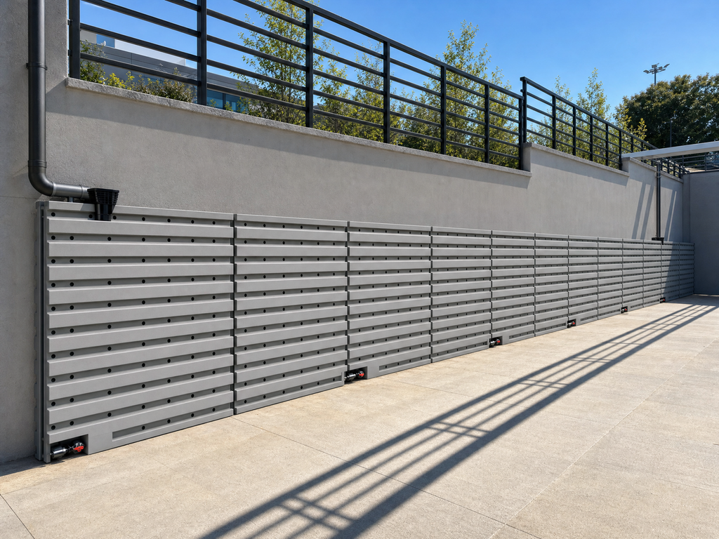 Metall-Standfüsse – Rain Water Wall in freistehender Montage entlang der Grundstücksgrenze
